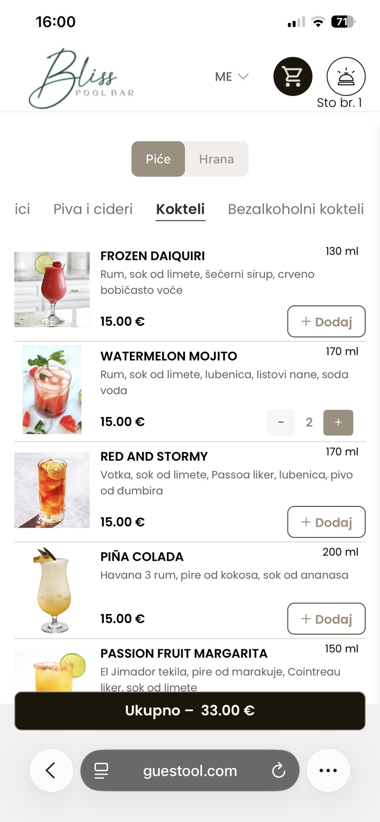 OrderMenu prikaz za Bliss Pool Bar objekat